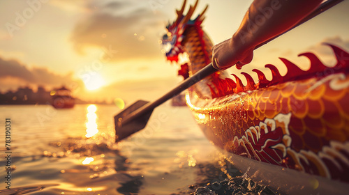 A person is paddling a boat with a dragon on it 