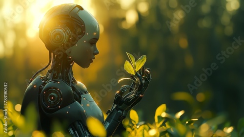 woman robot witg a green sprout in her hands