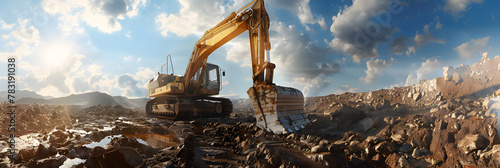 Extraction of natural stone in the mountains of the Urals,A yellow grader digs the ground at a construction site,Large yellow excavator working on the construction site moving earth.