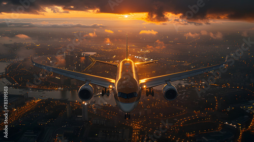 Dawn of Travel: Jet Airliner Ascending above City Lights at Sunrise