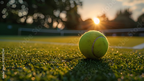 Captivating Sunset at Wimbledon with a Close-up View of a Tennis Ball on Grass