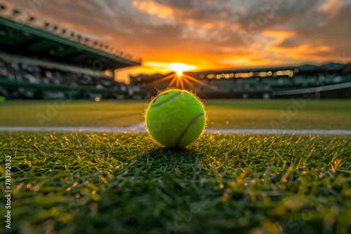 Stunning Sunset over Wimbledon Tennis Court with Close-up of Tennis Ball