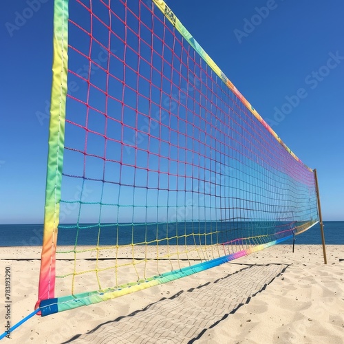 Beach volleyball tournament, sea creatures, colorful net, sandy beach