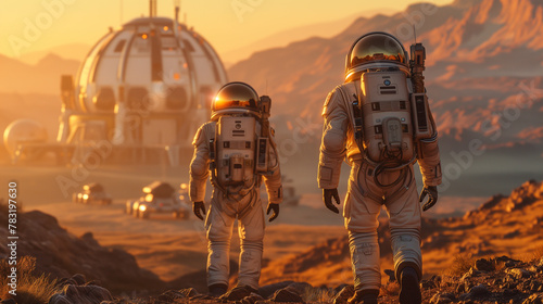 Two astronauts in spacesuits walk toward research station, colony or scientific base on Mars. AI powered rover rides in the background. Space mission. Futuristic colonization and exploration concept.