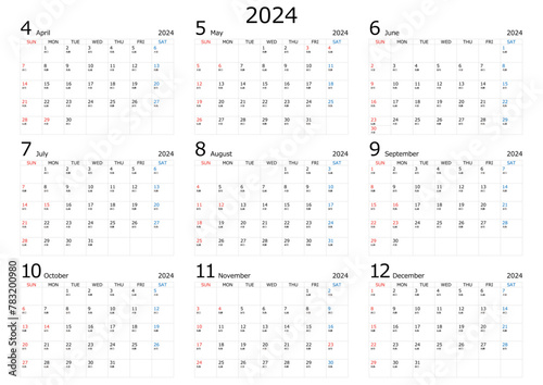 2024年4月から12月のカレンダー