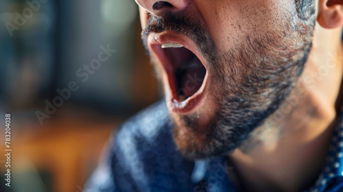 A close-up of a man stifling a shouting discreetly, striving to stay engaged in a long meeting