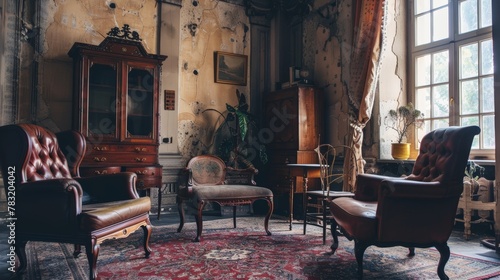 A historical building setting with vintage furniture, hosting a meeting with a long-standing client