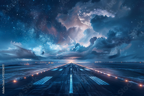 Craft a surreal image of an airport runway transformed into an otherworldly landscape, with the tarmac replaced by swirling clouds and the runway lights resembling distant stars in the night sky 
