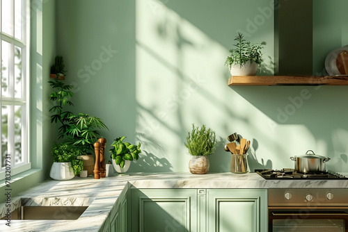 Design an abstract representation of a quaint kitchen with light-green walls, featuring marble countertops, stainless steel appliances, and potted herbs on the windowsill