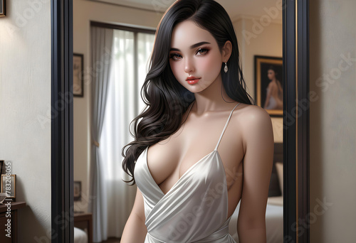 Una encantadora mujer de cabello negro y muy largo, luciendo un diminuto vestido blanco