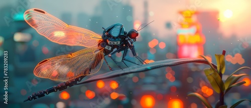 Illustrate a surreal scene of a mechanical dragonfly perched on a delicate butterflys wing