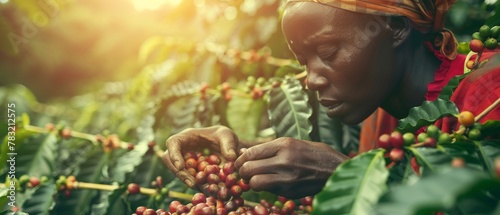 A coffee plantation worker gathers beans on a bushy plantation