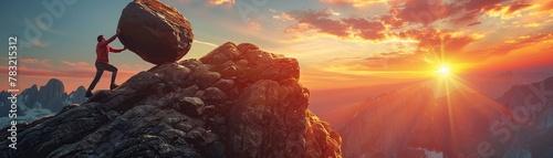 Detailed image of a resilient spirit, person pushing a heavy boulder uphill, sunrise in the background.