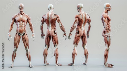 Anatomical illustration of human muscle system - Detailed 3D graphic of human anatomy showing the muscular system from various angles on a neutral background