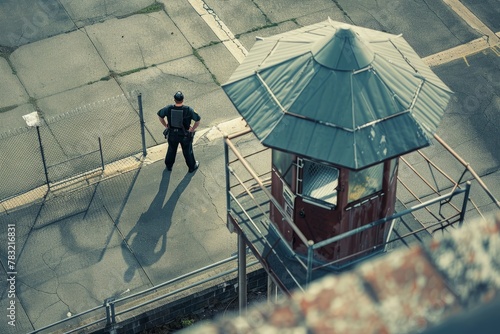 Overhead View of Security Guard Patrolling Near Tower