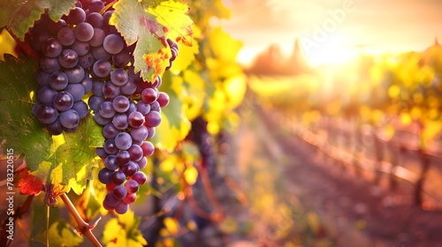 Sun-kissed Vineyard with Ripe Grapes Ready for Harvest. Warm Autumn Scene in Countryside. Agricultural and Winemaking Concept. AI