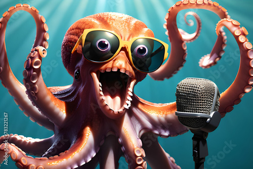 An octopus wears sunglasses grabs a microphone and sings. Generative AI