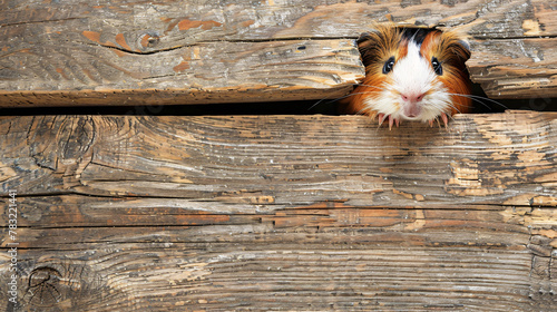 guinea pig peeks from behind a shabby wooden corner, against a solid background with copy space