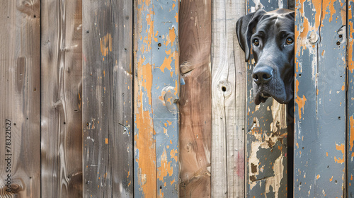 great dane peeks from behind a shabby wooden corner, against a solid background with copy space