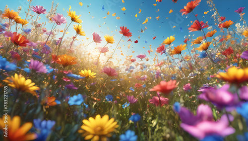  A sea of wildflowers comes alive under a cascade of sunlight, creating a dazzling dance of color and light