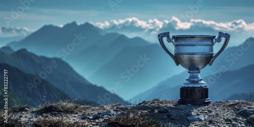 Abstract silhouette of a figure holding a trophy high on a mountaintop, minimalist victory and success concept