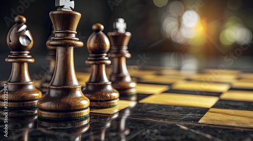 Strategically maneuvering on a sleek black surface, the final winning move in business mirrors a king's checkmate on the chessboard.