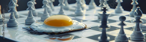 Create an image of a fried egg and a graphic card engaged in a game of chess on a white chessboard, with each piece representing a different computer component