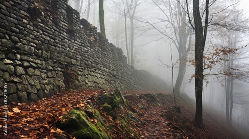 Castle walls within misty woods
