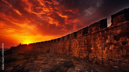 Stronghold ramparts against blazing sunset