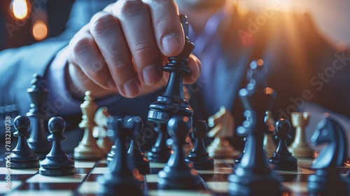 Hand of businessman moving chess figure in competition success play. strategy.
