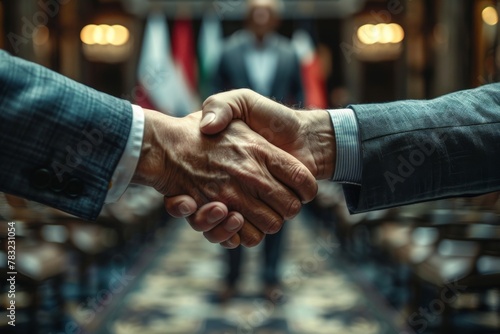 A close-up of a firm handshake between two formally dressed individuals.