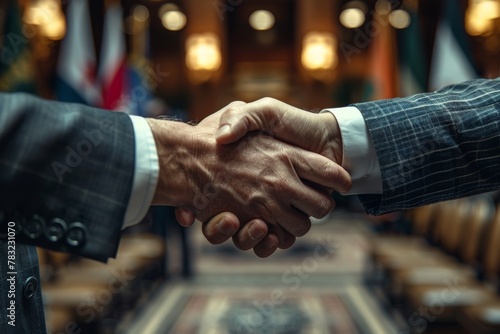 A close-up of a firm handshake between two formally dressed individuals.