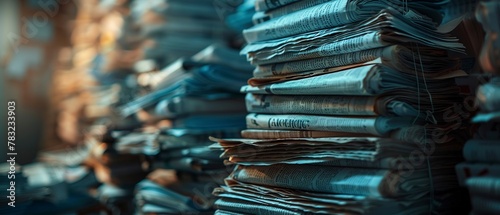 Financial newspapers from around the world, stacked, morning light, close-up, global perspective