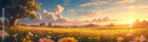 Sunset over the field with wildflowers in bloom, creating an idyllic countryside scene. The warm golden light bathes the meadow as the sun sets 