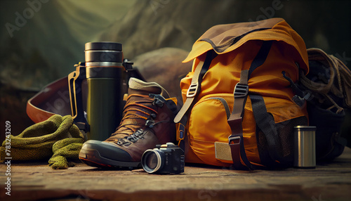 Essential Gear for Wilderness Mountain Hiking Camping Equipment and Accessories of closeup background, Ai generated image