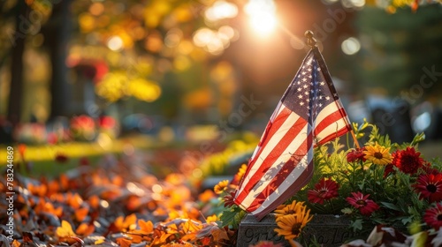 Autumn Tribute: National & Army Flags on Gravestone in Military Cemetery