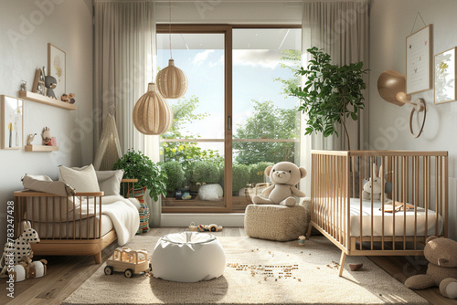 An interior render of a nursery, featuring a stylish Scandinavian newborn baby room with toys, plush animals, and child accessories