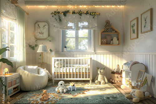 An interior render of a nursery, featuring a stylish Scandinavian newborn baby room with toys, plush animals, and child accessories