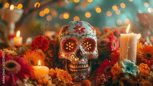 Day of the Dead Celebration: Sugar Skull, Ofrenda, Flowers & Lights