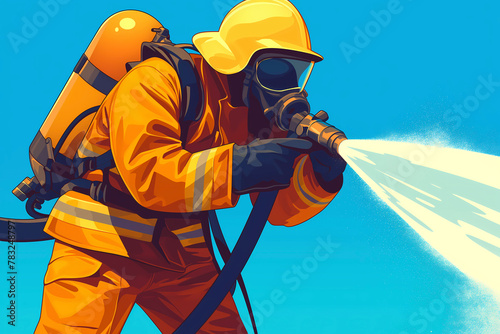 Firefighter in uniform and helmet with water spray. Vector illustration.