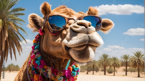 a happy camel wearing sunglasses on a sweltering summer day