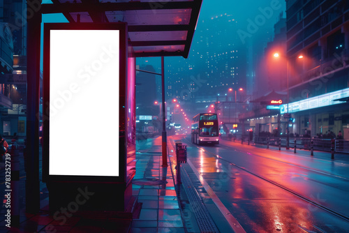 Blank street billboard mockup for exterior advertising design on the city bus stop with neon lighting, front view