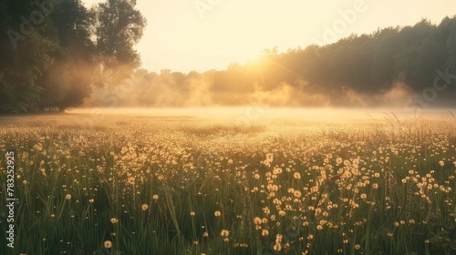 Misty meadow at sunrise or sunset 
