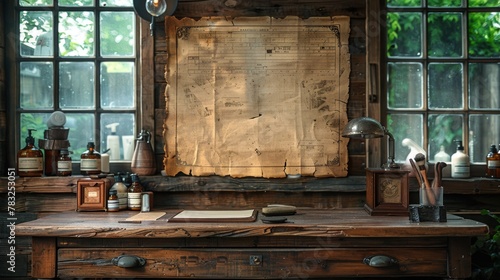 Wooden desk with a kraft poster and a straight razor 