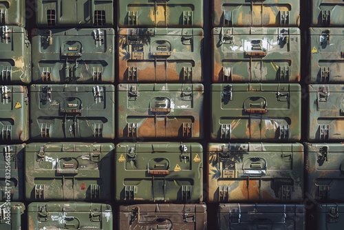 Tightly packed military ammo boxes with assorted rust patches