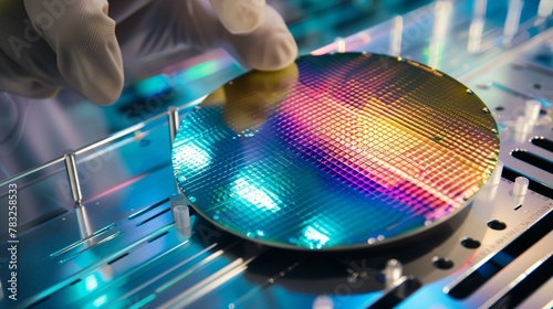 A wafer also called a slice or substrate. Thin slice of semiconductor in a high tech factory lab environment