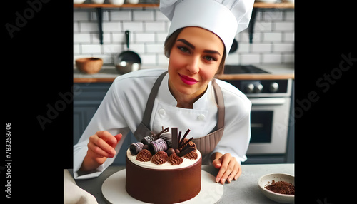 Femme chef pâtissière prépare un gâteau ou cake au chocolat