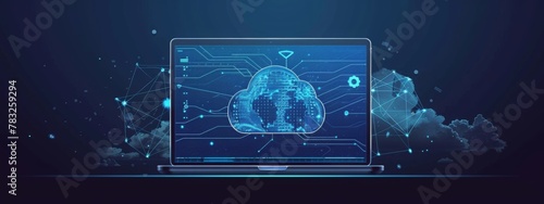 Futuristic Cloud Computing and Network Interface on Laptop Screen. A modern laptop displaying a dynamic cloud computing interface with intricate network connections and cogwheels