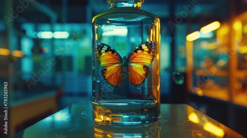 A glass bottle with a beautiful butterfly inside. Perfect for nature and conservation concepts