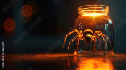 A spider sitting inside a glass jar, perfect for Halloween decorations